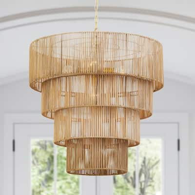 KAWOTI 5-Light 4-Tiered Bohemian Pendant Light with Rattan Shade