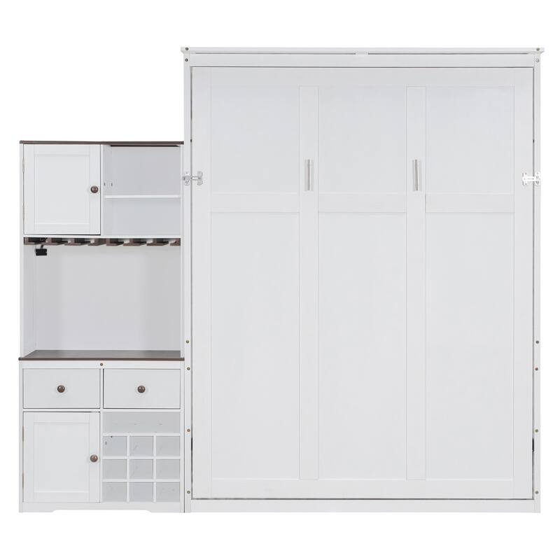 All-in-one Murphy Bed Queen Size Storage Bed Cabinet with Wine Rack, Glass Holder, Drawers, Open Shelves and LED Lights