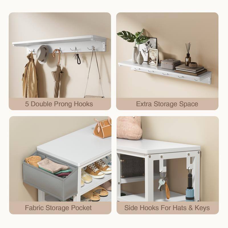 Industrial Hall Tree with 6 Hooks, Entryway Bench with Shoe and Coat Racks