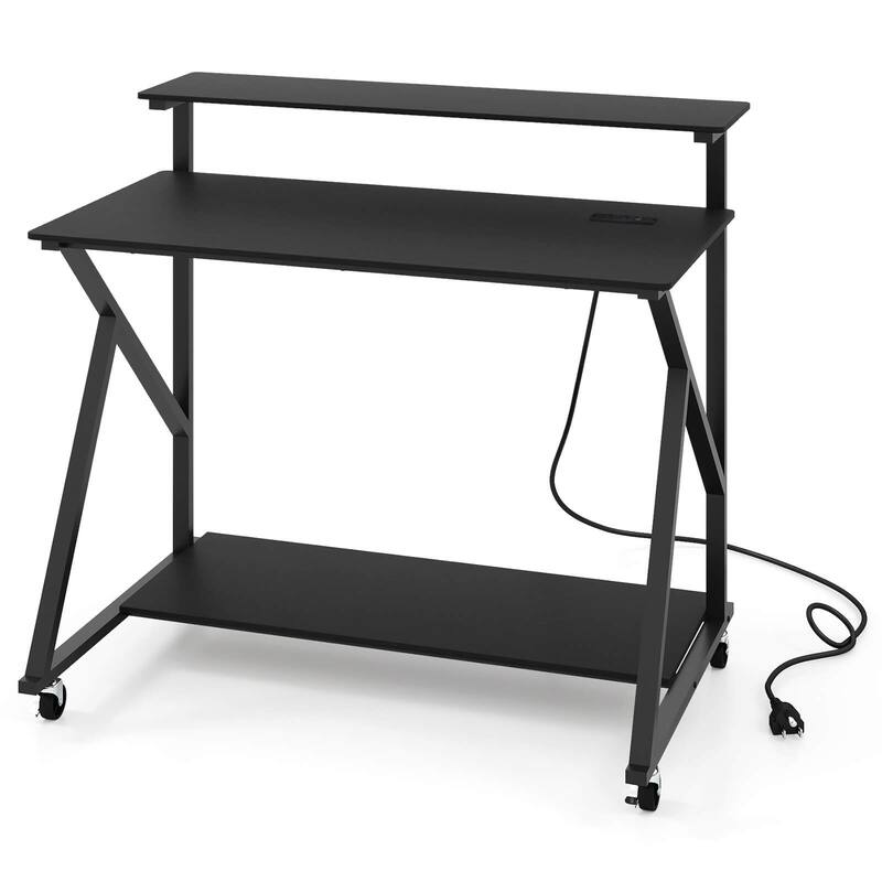 Costway Rolling Computer Desk with Charging Station Monitor Stand - Black