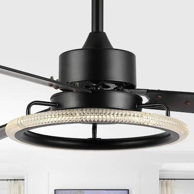 Bruno 52" 1-Light Modern Industrial Iron/Acrylic/Wood Remote-Controlled 6-Speed Integrated LED Ceiling Fan, by JONATHAN Y