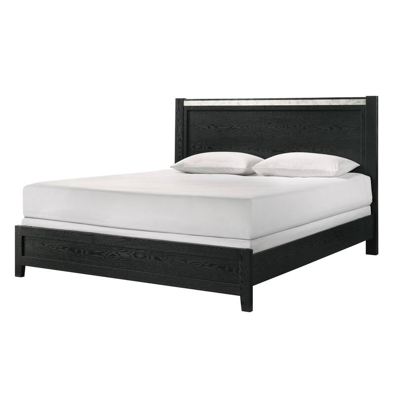 Black Queen Panel Bed with Faux Marble Accents, Modern Contemporary Style, Mattress Ready - Black