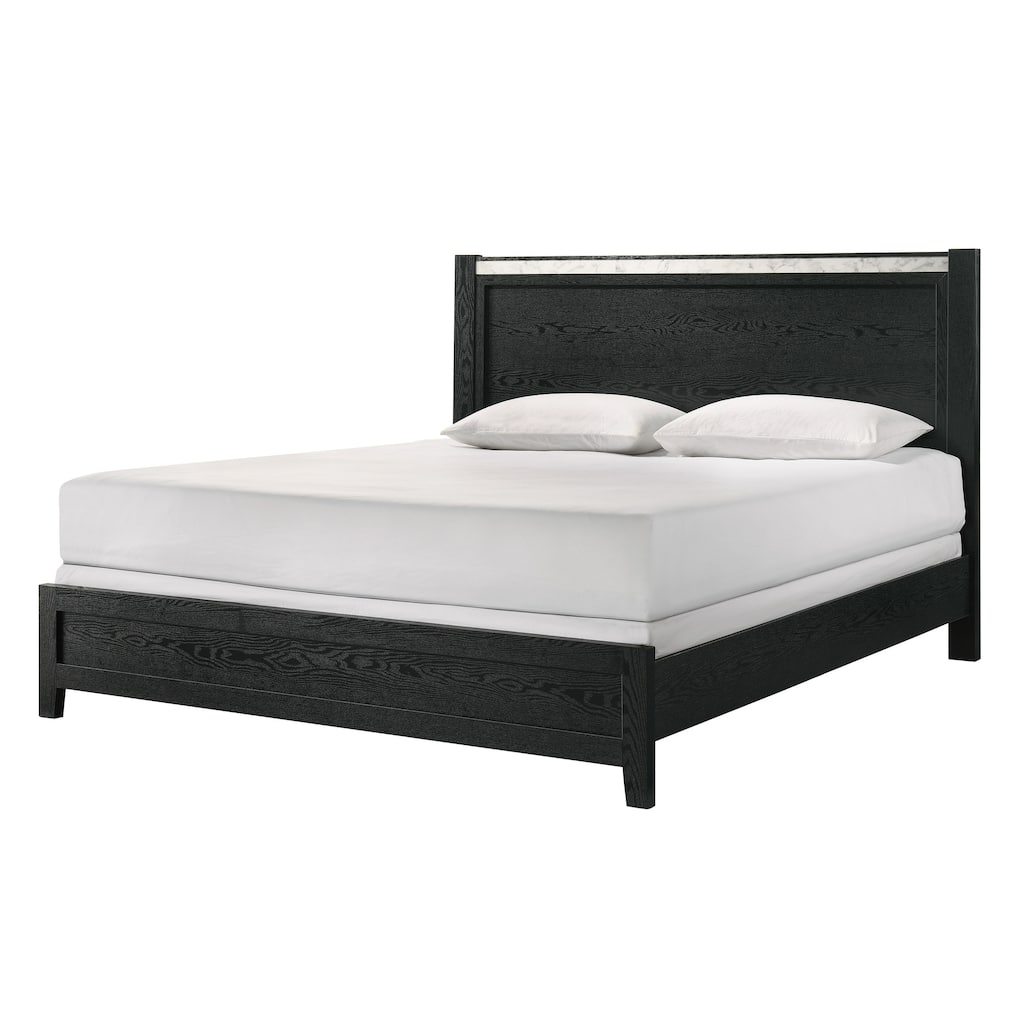 Black Queen Panel Bed with Faux Marble Accents, Modern Contemporary Style, Mattress Ready