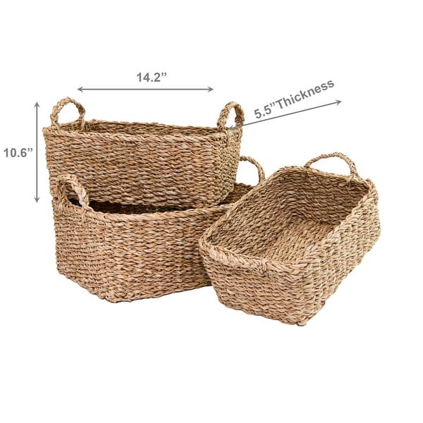 3Pc Rect. Seagrass Basket With Braided Handles Natural