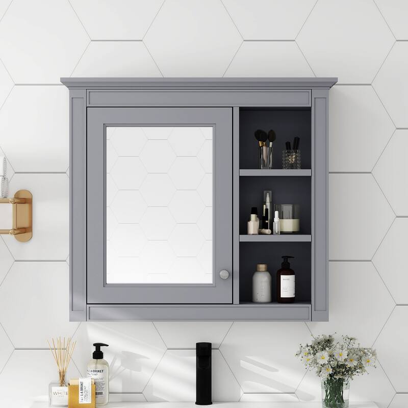 30'' x 28'' Wall Mounted Bathroom Storage Cabinet, Modern Bathroom Wall Cabinet with Mirror,Mirror Cabinet with 3 Open Shelves - Grey