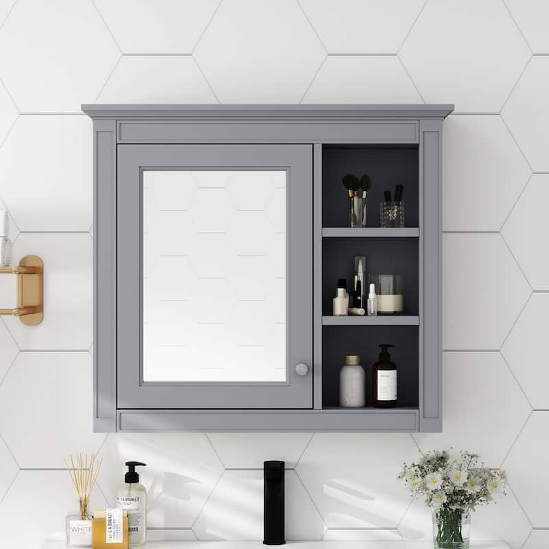 Modern Wall Mounted Bathroom Medicine Cabinet with Mirror & 3 Open Shelves - Grey