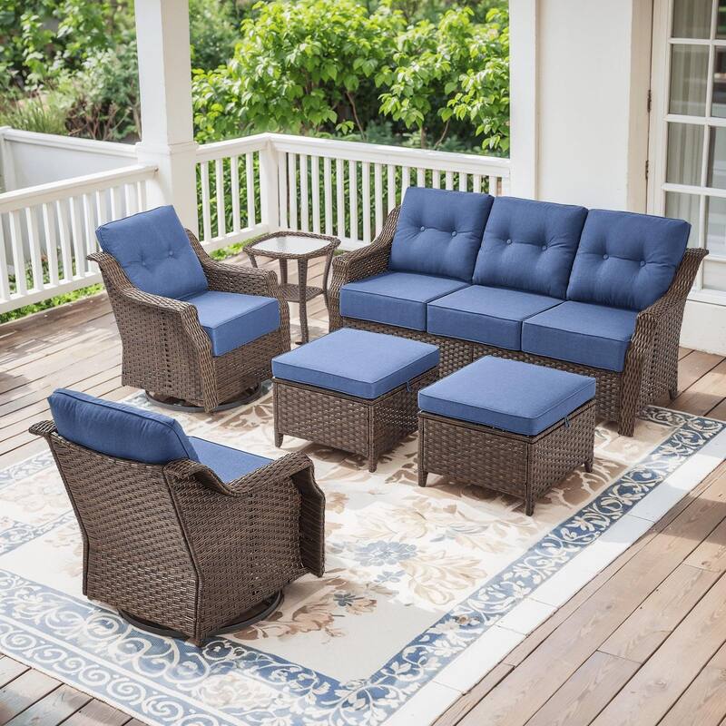 Outdoor Wicker Rattan Sofa Set for Garden - Brown Wicker & Blue Cushion - 6PCS Sofa Glider Chair with Ottoman
