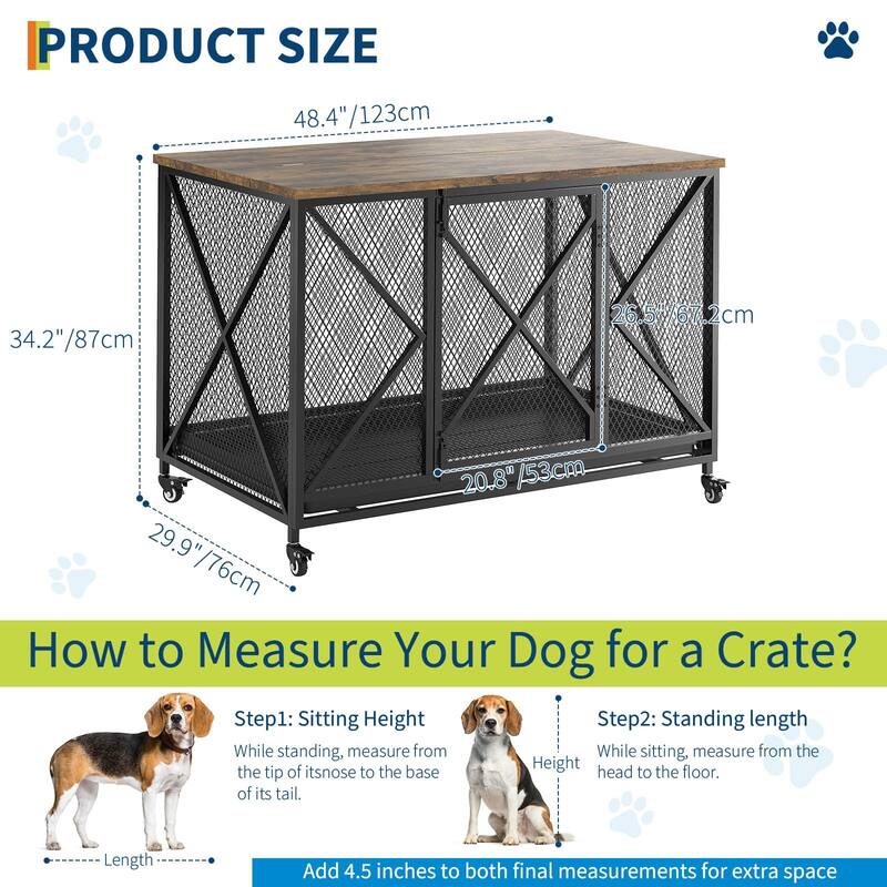 Dog Crate Furniture, Rolling 48 Inch Indoor Dog Crate with Potty Tray