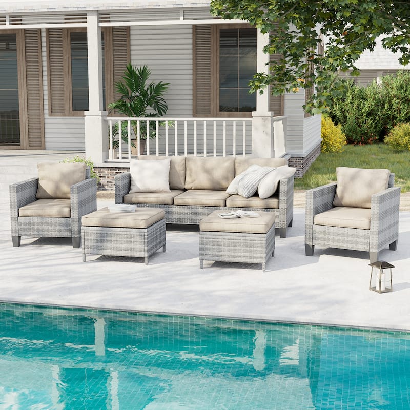 BONOSUKI 5-Piece Patio Sofa Sets Grey Rattan Outdoor Furniture Set - Linen Flax Beige