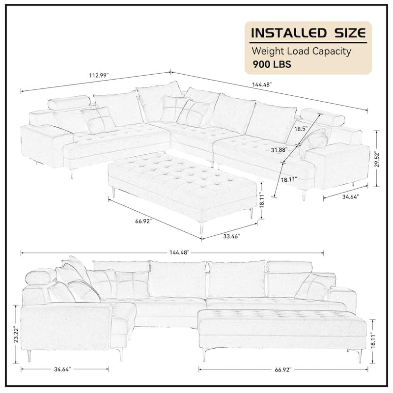 L Shaped Large Upholstered Fabric Couch Sectional Sleeper Sofa with Ottoman