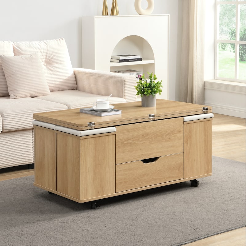 Roomfitters Multi-Functional Lift-Top Coffee Table with Hidden Storage, Modern Center Table with 4 Stool & Caster, Natural/White