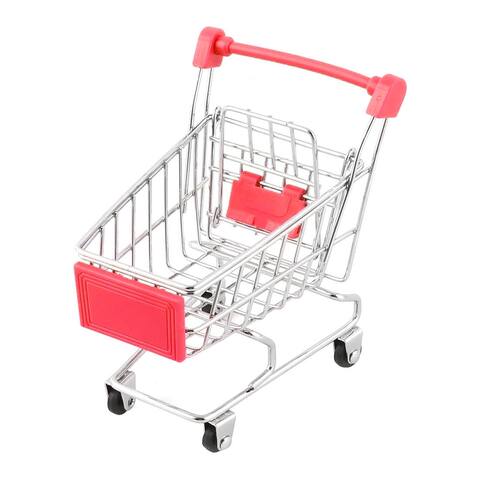 Desktop Metal Mini Shopping Handcart Trolly Storage Container Cart - Red,silver Tone,black - 4.7" x 3.1" x 4.6"(L*W*H)