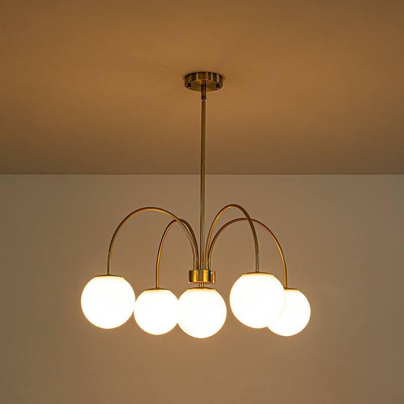 Modern 5-Light Curved Arm Opal Glass Globe Sputnik Chandelier 30in