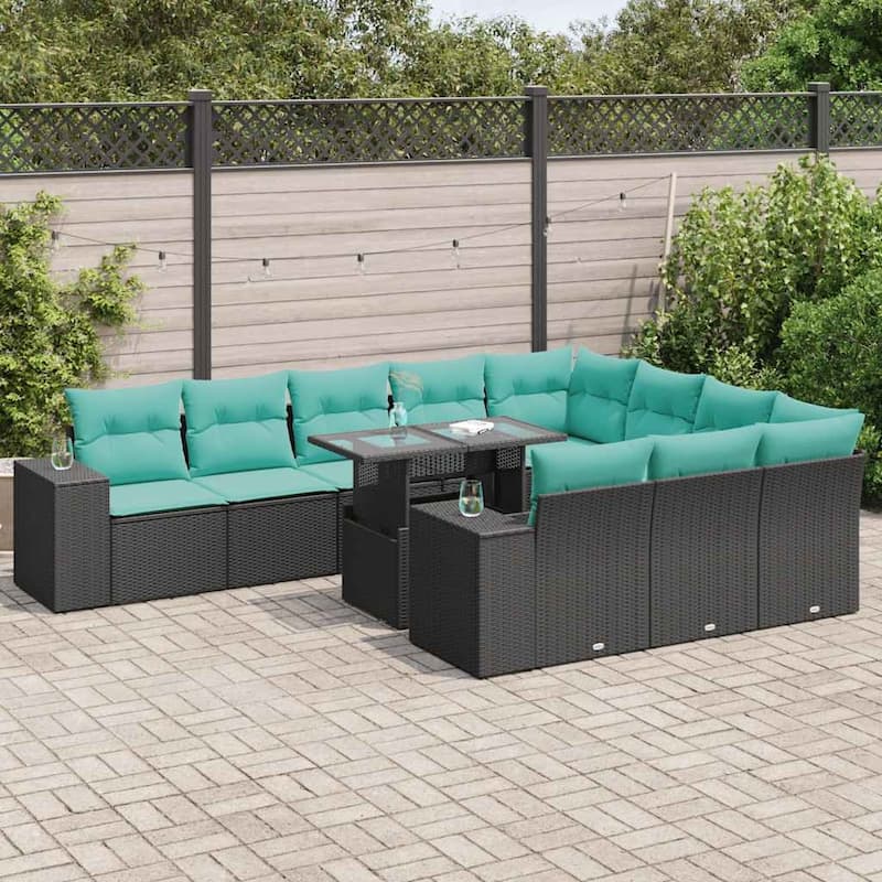 vidaXL 15 Piece Patio Sofa Set with Cushions Black Poly Rattan Acacia - 21.7" x 24.4" x 27.2"