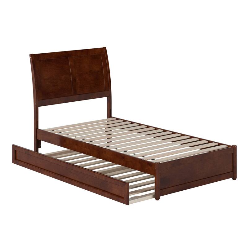 Twin Bed with Trundle & USB - Modern Platform Bed Frame, Walnut Finish - Sleek Sleigh Headboard