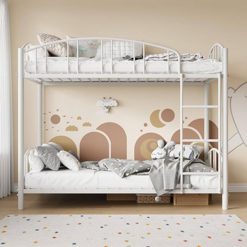 Bunk Bed Twin Over Twin with Stairs and Arched Guardrail for Bedroom and Small Space