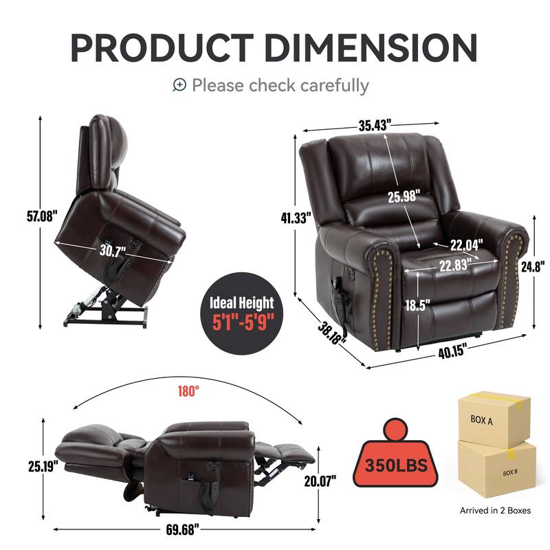 Brown Faux Leather Power Lift Recliner with Heat Massage, USB, and Infinite Recline