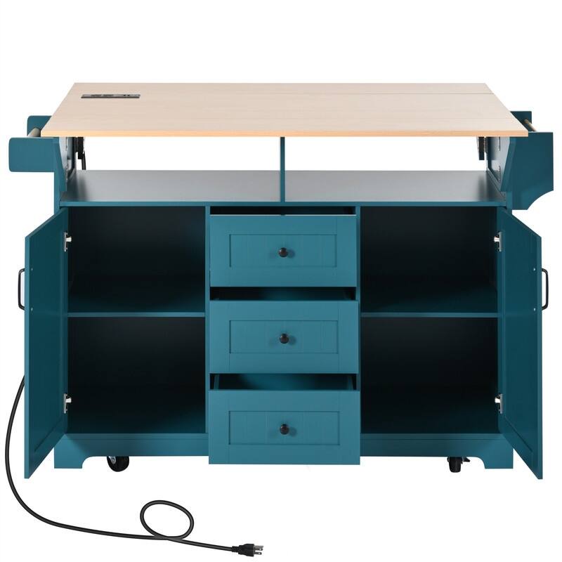 Kitchen Island with 2 Drop Leaf, Spice Rack & Towel Rack, Rolling Kitchen Cart on 5 Wheels with 3 Drawers and Power Outlet
