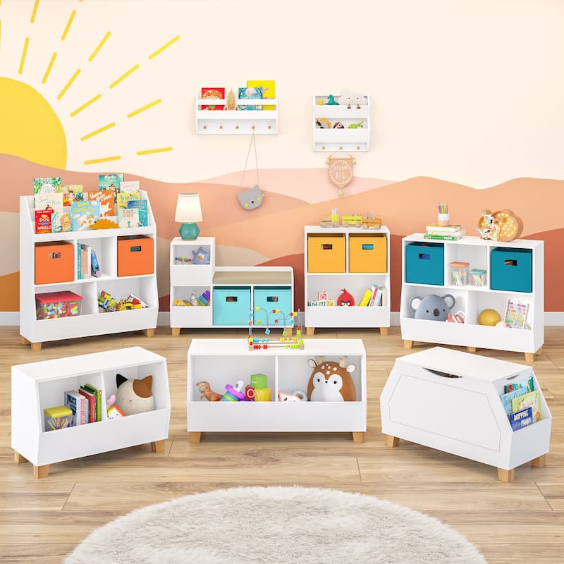 RiverRidge Kids Catch-All Cubby Storage Organizer Bench with Toy Storage Shelves and Cushioned Seat for Playroom - White