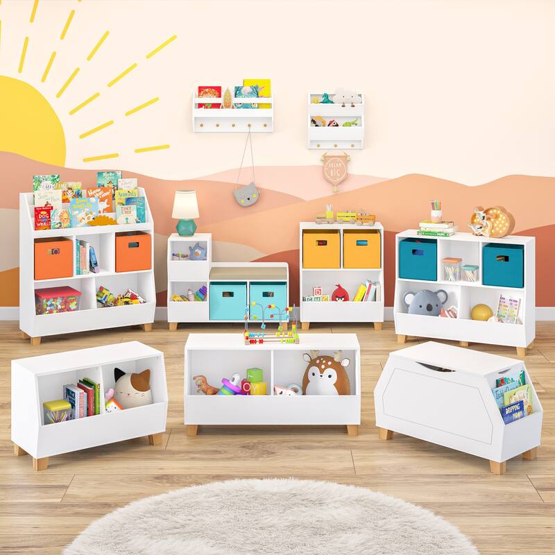 RiverRidge Kids Playroom Catch-All Game and Toy Storage Organizer Box with Side Bookshelves - White