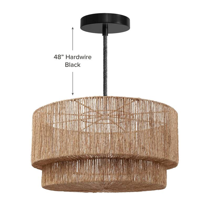 Luminous Rattan Pendant Light - Natural Drum Handwoven Light Fixture For Modern, Transitional, Farmhouse, Boho Room Décor. - 28" - 48" Hardwire Black