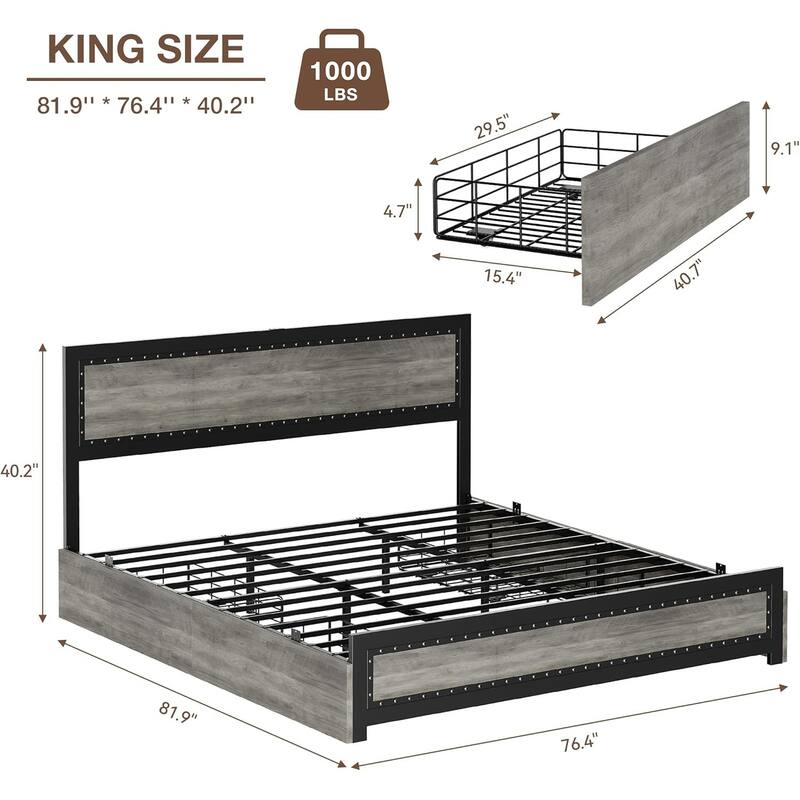 Platform Bed with Headboard, 4 Storage Drawers & Charging Station, Rivet Detail, Metal Slats, Gray