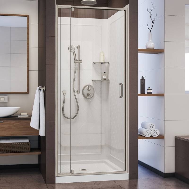 DreamLine Flex 36 in. D x 36 in. W x 76 3/4 in. H Pivot Shower Door, Shower Base and Backwall Kit - 36" x 36" - Brushed Nickel Finish