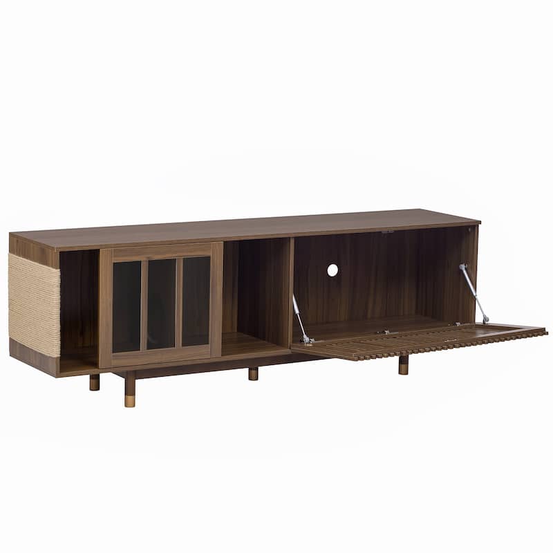 Modern 2 in 1 TV Stand with Cat Scratcher, Cat House Media Console Table with Sliding Flip-down Glass Doors