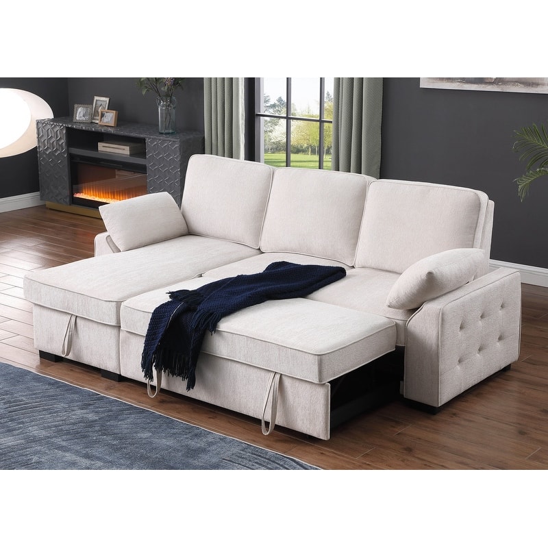 Mackenzie 91"W Chenille Fabric Reversible Sleeper Sectional with Storage Chaise, Drop-Down Table, Cup Holders & Charging Ports