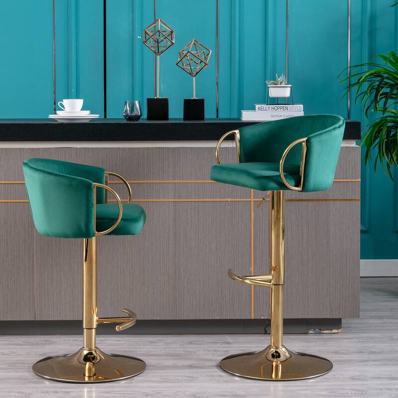 2 Velvet Bar Stools with Chrome Footrest and Base Swivel Height Adjustable - N/A