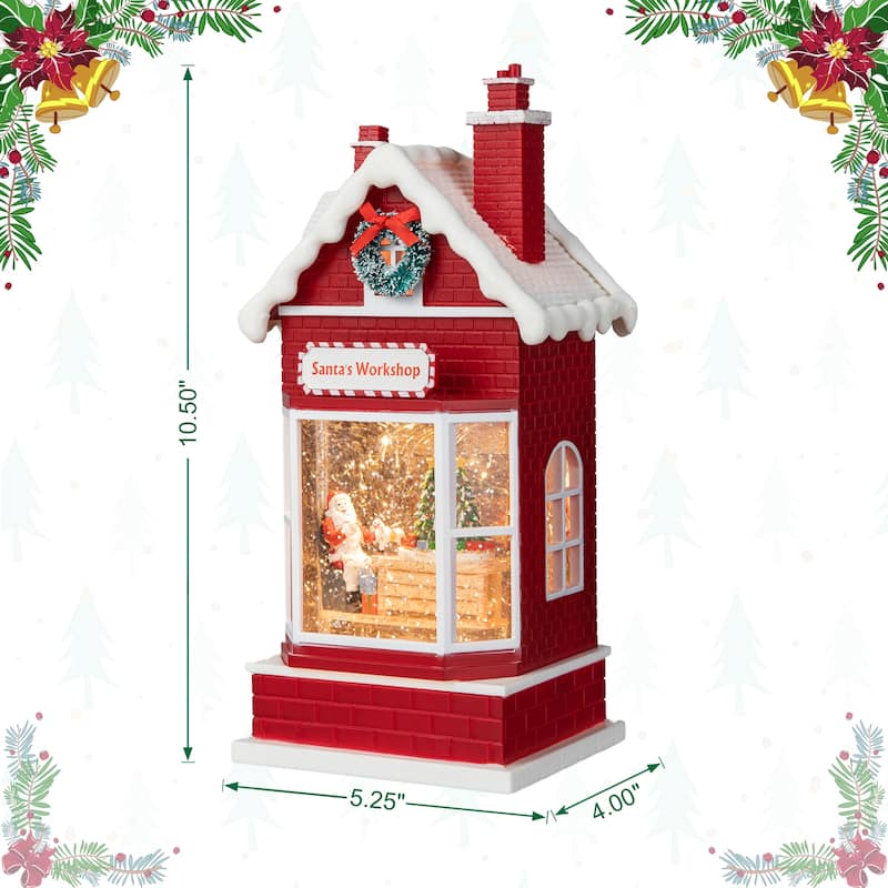 Glitzhome 10.5"H Lighted Swirling Snow Santa's Workshop Waterglobe - LED Snow Globe