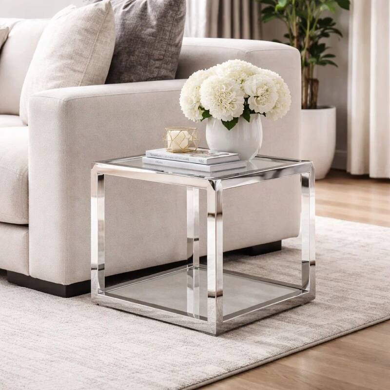 Jape 22 Inch Square Side End Table, Glass, Stainless Steel, Acrylic, White