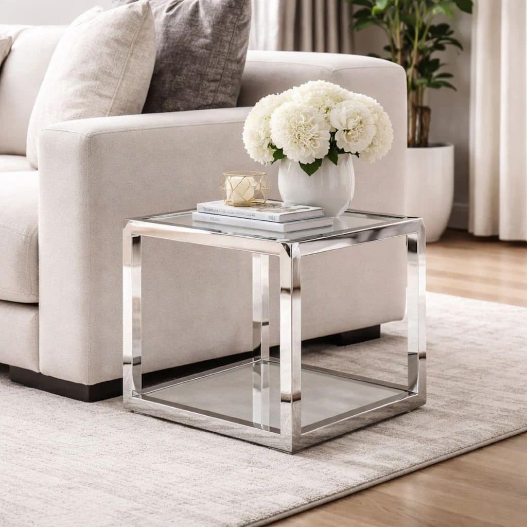 Jape 22 Inch Square Side End Table, Glass, Stainless Steel, Acrylic, White