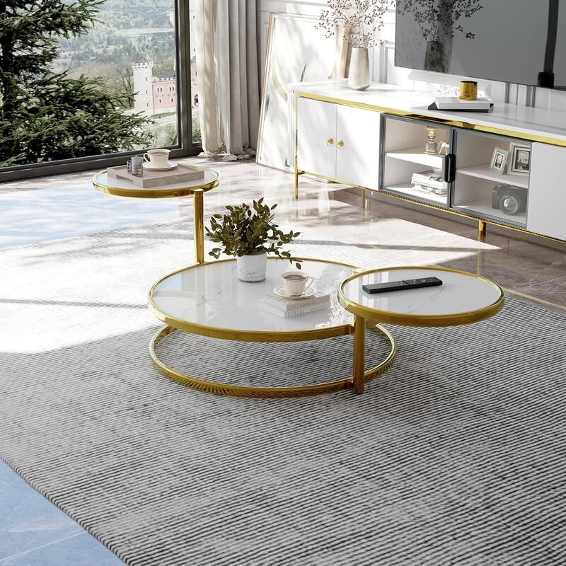 Round Coffee Table 30 inch Motion Tempered Glass Coffee Table with 3 Tier 360 Degree Swivel Top