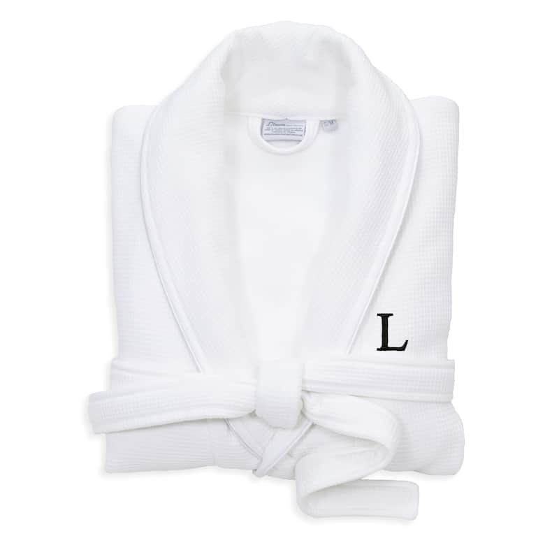 Authentic Hotel and Spa White Unisex Turkish Cotton Waffle Weave Terry Bath Robe with Black Block Monogram - S/M - L