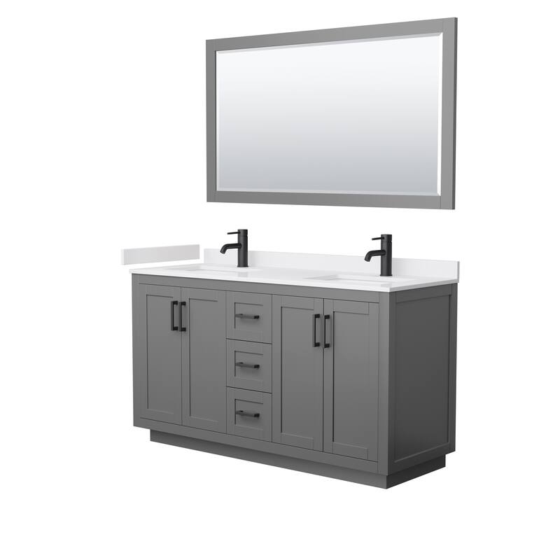 Miranda Bathroom Vanity Set, Cultured Marble Top, 58-Inch Mirror - 60-Inch Double - Dark Gray, Black Trim, White Cultured Marble Top