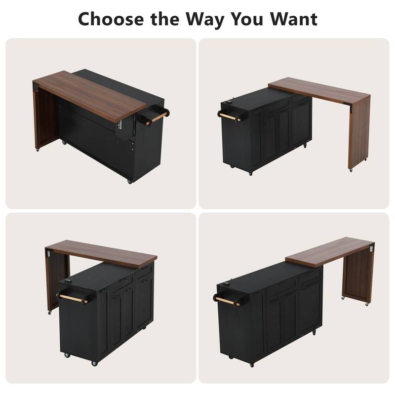 102.3" Kitchen Island with Extendable Table, Kitchen Rolling Island Cart with Trash Storage Cabinet, 3-Tier Pull-Out Spice Rack