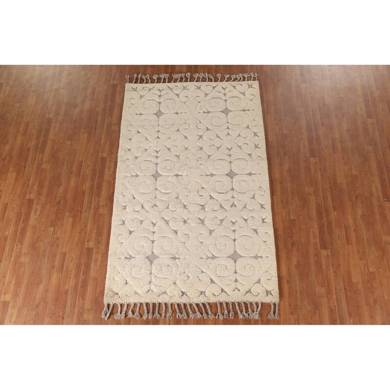 Beige Moroccan Style Area Rug Hand-Knotted Wool Carpet - 5'1"x 8'2"