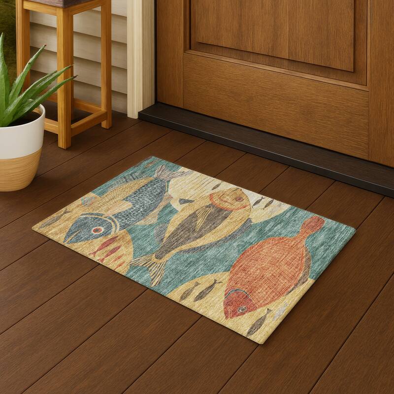 Machine Washable Indoor/ Outdoor Modern Fish Chantille Rug - Teal - 1'8" x 2'6"