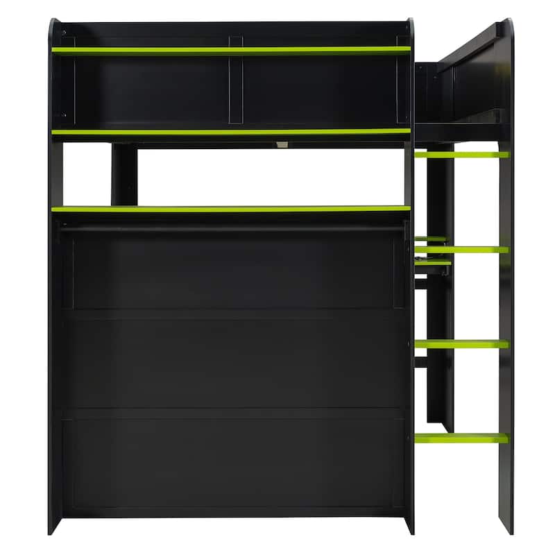 Next-Gen Gamer's Full Size Loft Bed with Adjustable Desk, RGB Lighting, Charging Ports and Storage Space