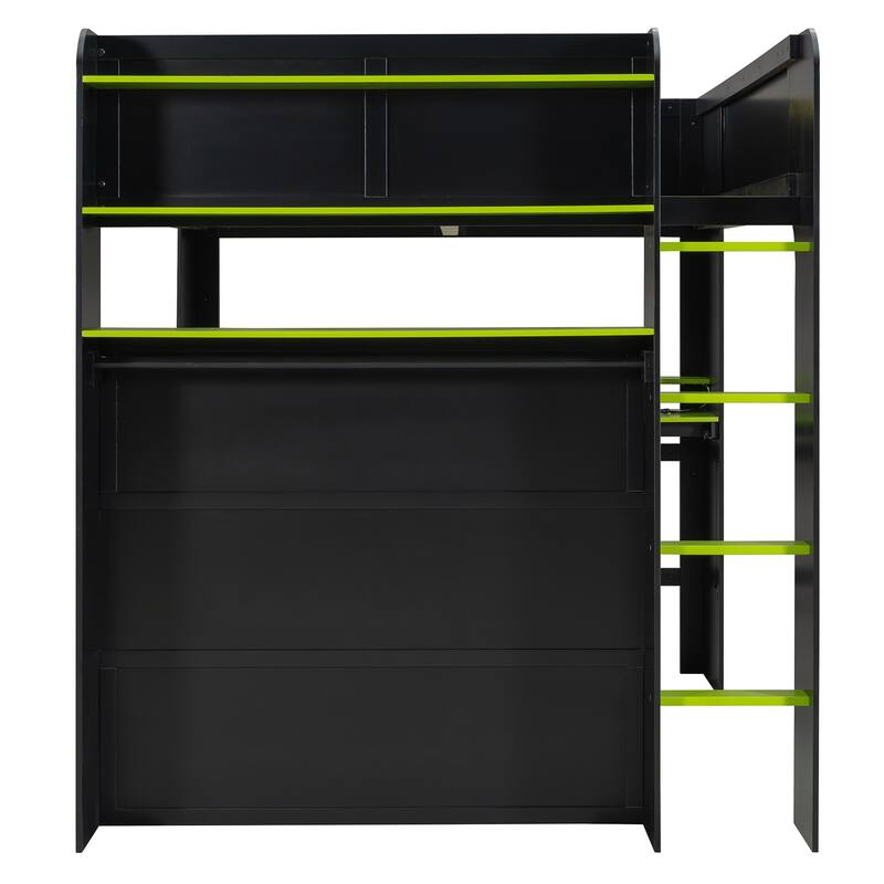 Roomfitters Full Size Loft Bed with Adjustable Desk, Wardrobe Storage, and RGB Lighting