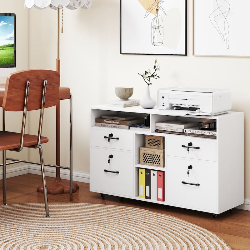 White Mobile File Cabinet with Lock 4 Drawers Adjustable Compartments and Casters