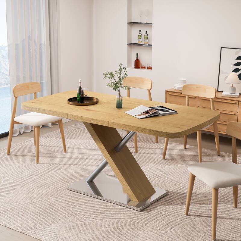 Dining Table, Original Wood Color, Seating 4-6 People, Retractable Table, Cross Metal Base and Stainless Steel Tubing - Natural
