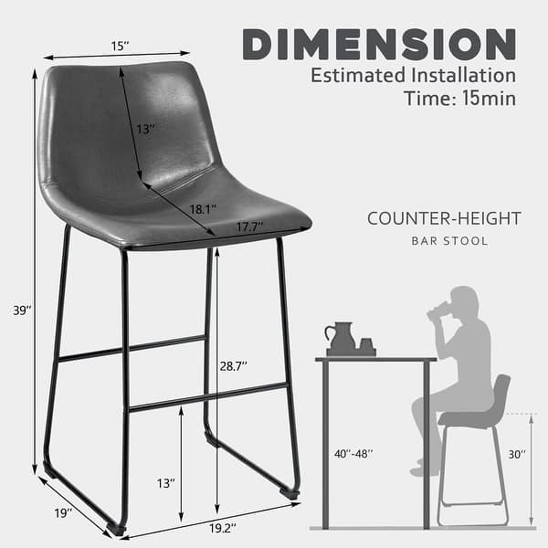 dimension image slide 5 of 19, Bossin 18/26/30 inch Bar Stools,Counter Height Bar Stools with Back Modern PU Leather Stools Dining Chair with Footrest