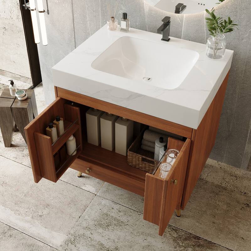 Mid-Century 30" Freestanding Bathroom Vanity with Faux Marble Top, Ceramic Sink & Gold Legs Cabinet