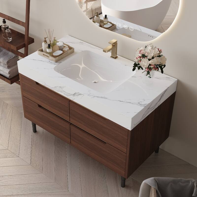 Freestanding/Wall-Mounted Bathroom Vanity with Sink, 4 Storage Drawers, Waterproof Solid Wood Frame and Detachable Iron Legs