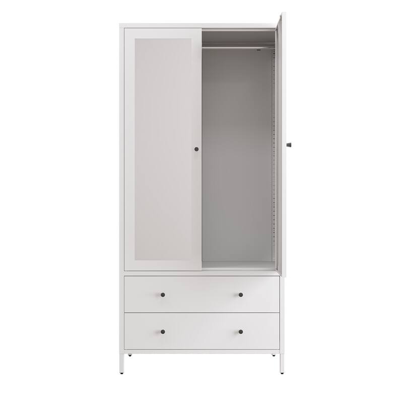 Metal Armoire Wardrobe Closet with 2 Drawers,Mirror Door and Hanging Rod