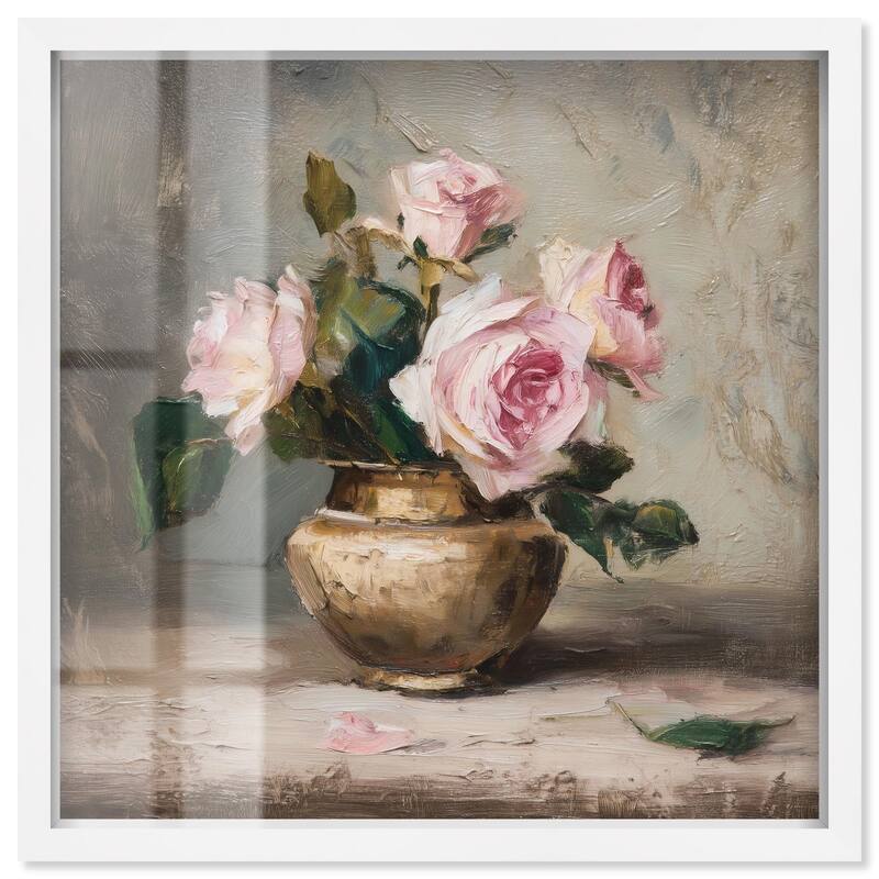 Pink Petals and Brass Shadowbox by Art Remedy - White - 16" x 16"