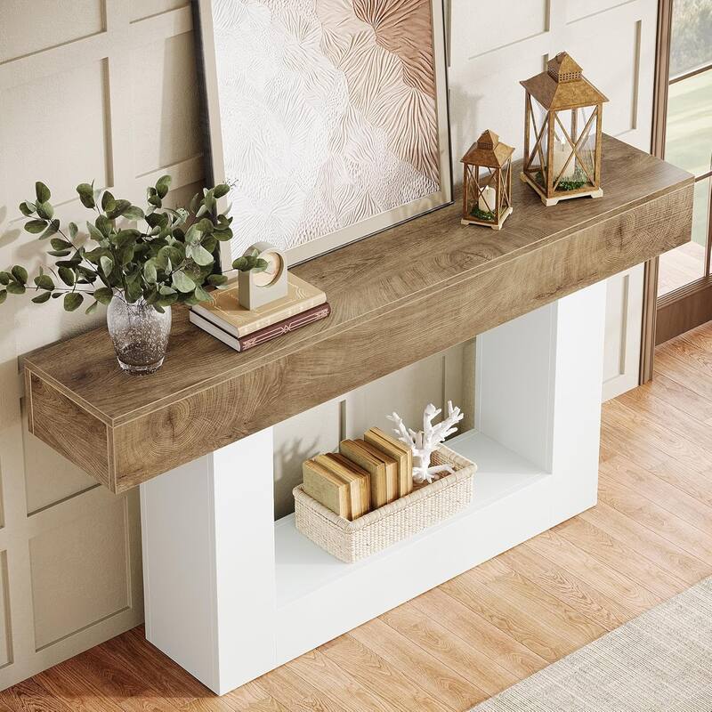 63 Inches Brown/ Gray Wood Console Table, Farmhouse Entryway Table for Hallway
