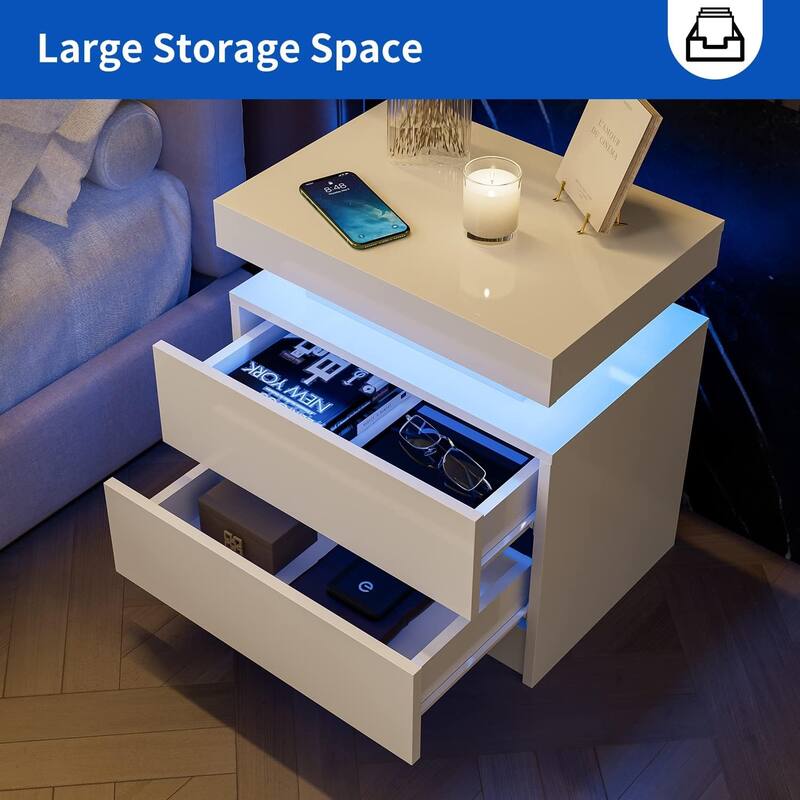 LED Nightstand with 2 Drawers for Bedroom